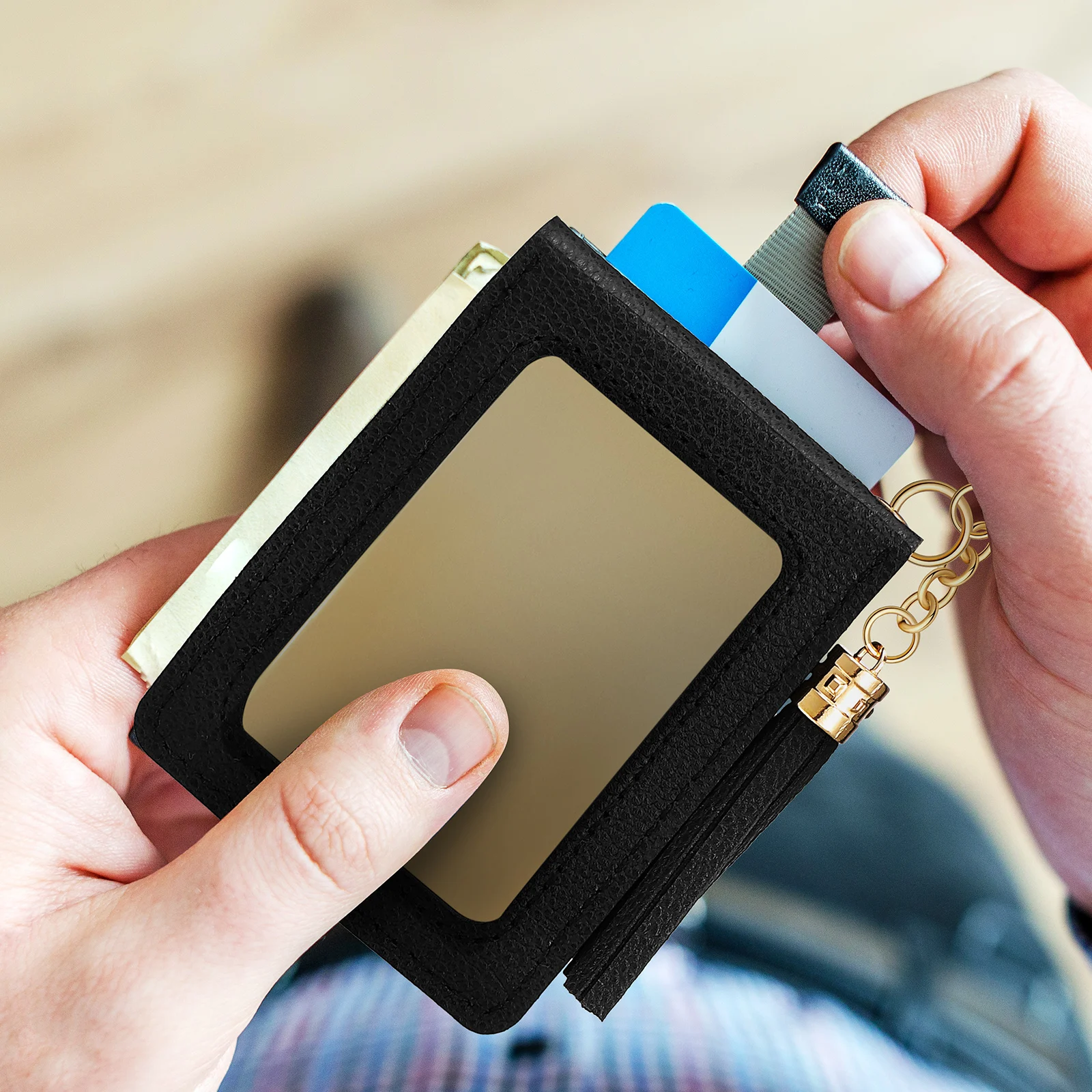 حامل بطاقات صغير من البولي يوريثان، شرابة كلاسيكية، ألوان كلاسيكية، تصميم زر آمن، محفظة نقود معدنية للنساء #2