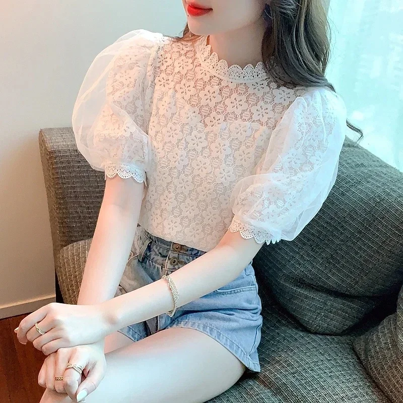 Summer Hollow Out Short Puff Sleeve White Blouse Sweet Lace Shirt Fashion Elegant Stand Collar Tops