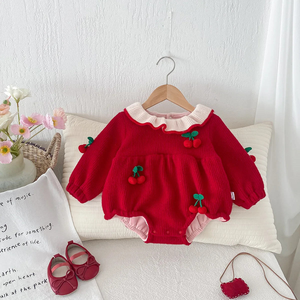 2024 Winter Baby Girls Rompers Cherry Patched Plus Velvet Ruffle Collar Newborn Girls Bodysuit Infant Girls Onesies Outfits