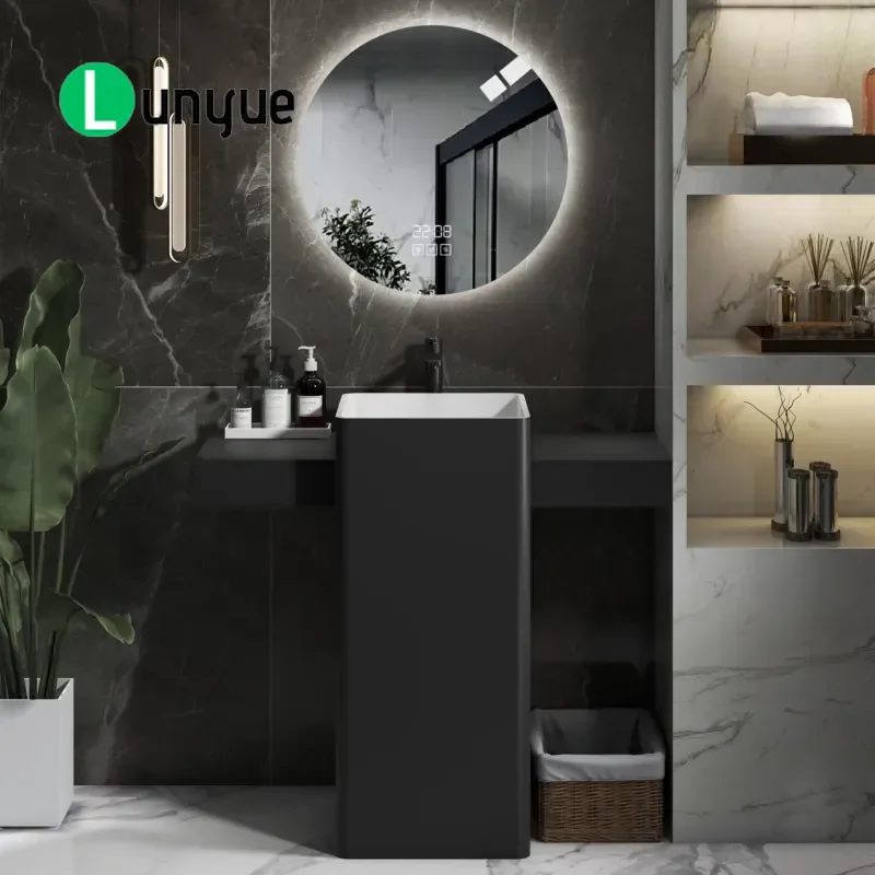 Modern Square Artificial Stone Integrated Column Wash Basin with Shelf Marble Bathroom Sink Vanity Unit for Home Hotel Decor