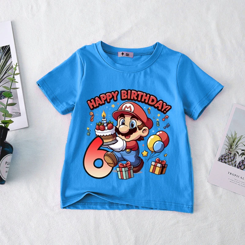 سوبر ماريوس بروس الاطفال عيد ميلاد القطن تي شيرت الصبي عدد قصيرة الأكمام المحملة أنيمي ملابس الأطفال الكرتون طفل الصيف قمم