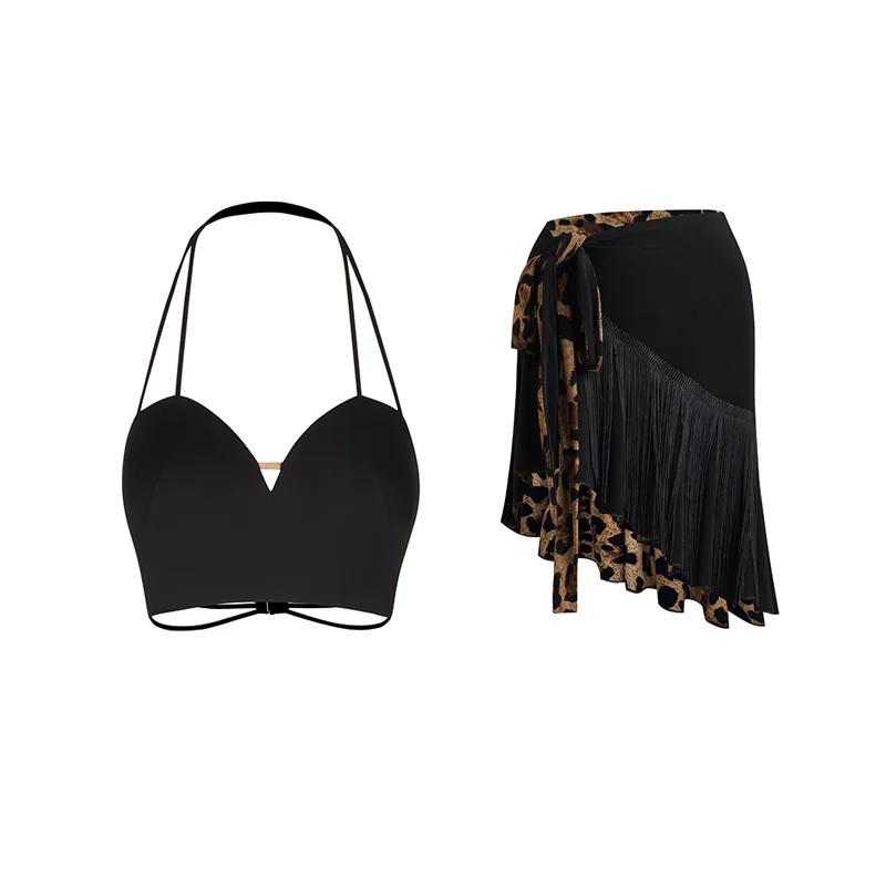 

Double-Side Hip Scarf Women's Latin Dance Skirt Black Leopard Fringe Skirt Adult Rumba Samba Dance Practice Clothing DNV23656