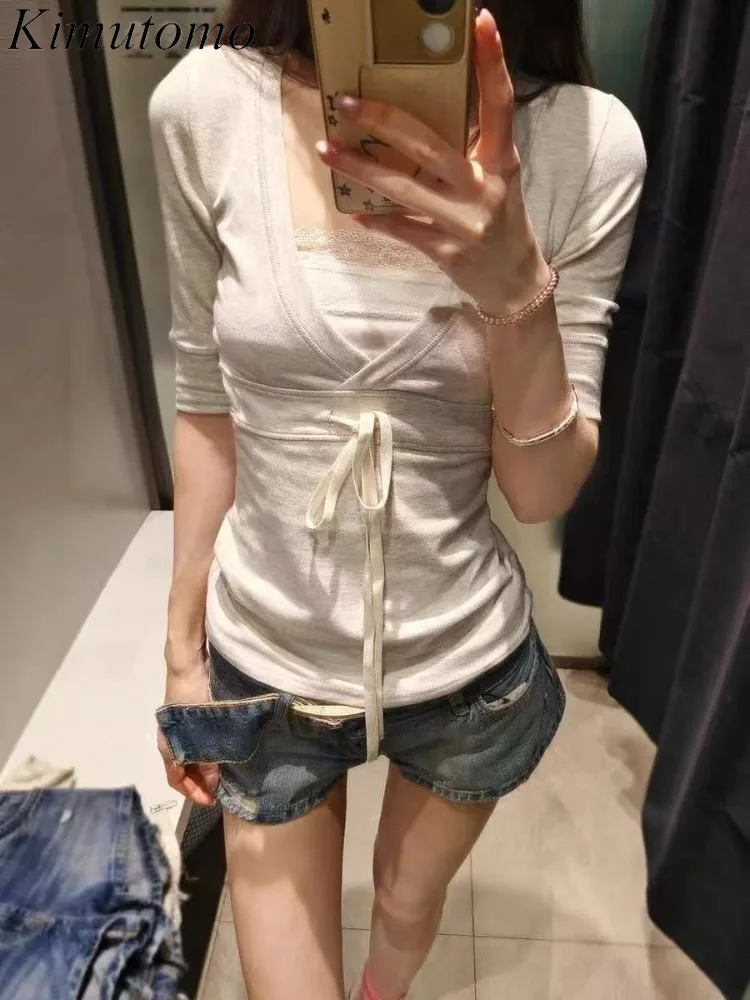 Kimutomo Women T Shirts V Neck Lace Patchwork Bandage Knit Shirt Fashion Vintage Half Sleeve Vintage Y2k Tops Ladies