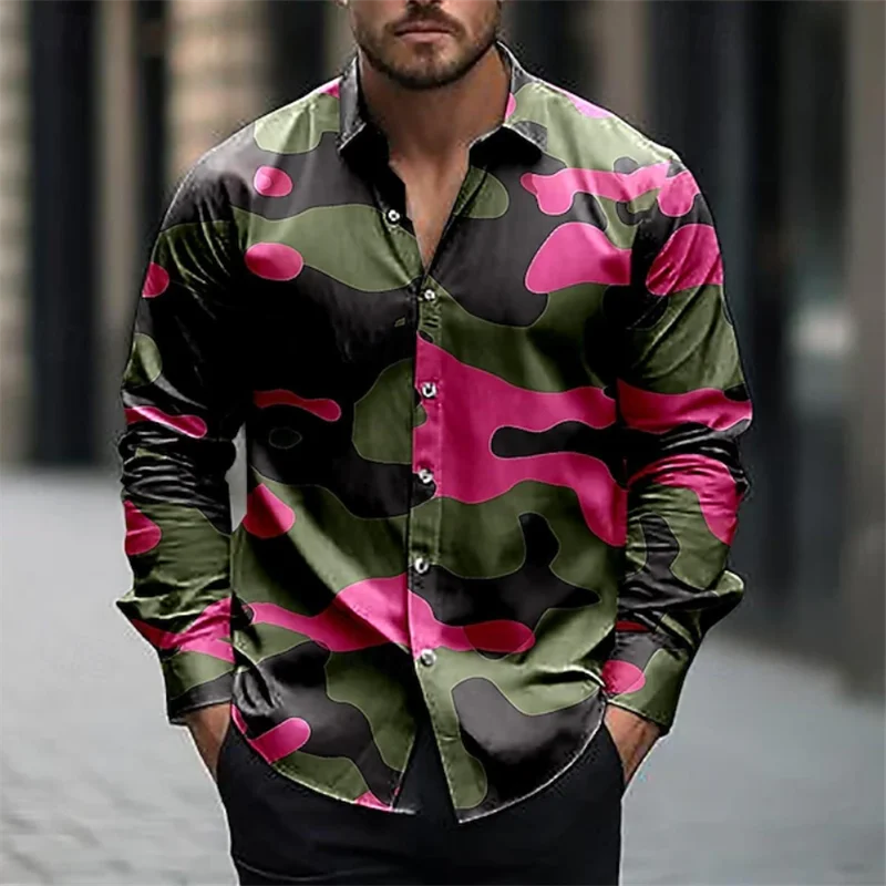 Men's Shirt 3D Vintage Chain Print Outdoor Striped Long Sleeve Button Clothing Fashion Street Style Design