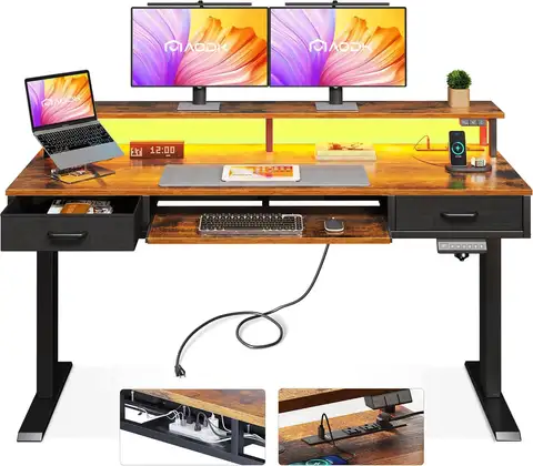 Mid Century Modern Electric Standing Desk with Storage, 55 x 22 Inch Small Sit Stand Up Desk, Wood Adjustable Height Computer