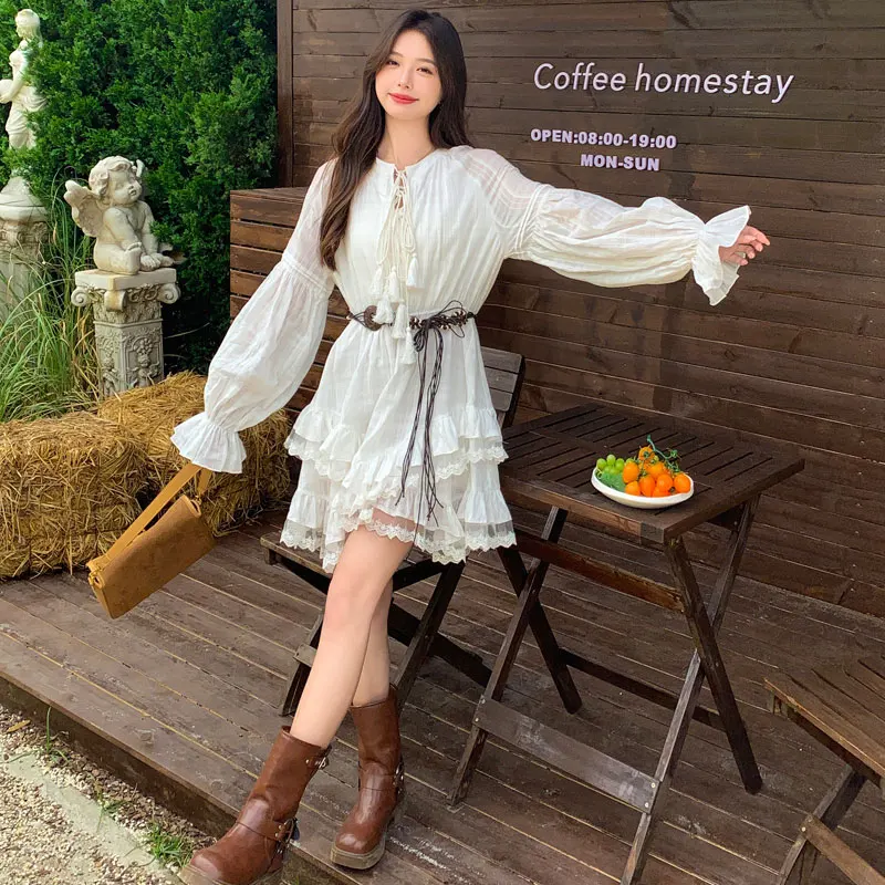 Vestido F Estilo Boho para Feriados, Saia Curta Doce, Manga Longa, Cintura Ajustada, Estilo Casual, Psado em Fibra ...