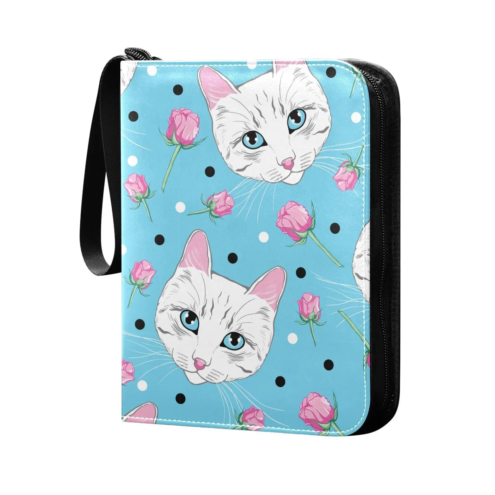 Roses Cat Card Binder 4 Pocket Cards Binder, 400 Double Sided Pocket Album for Sport Game Cards, Unique Card Collection Storage