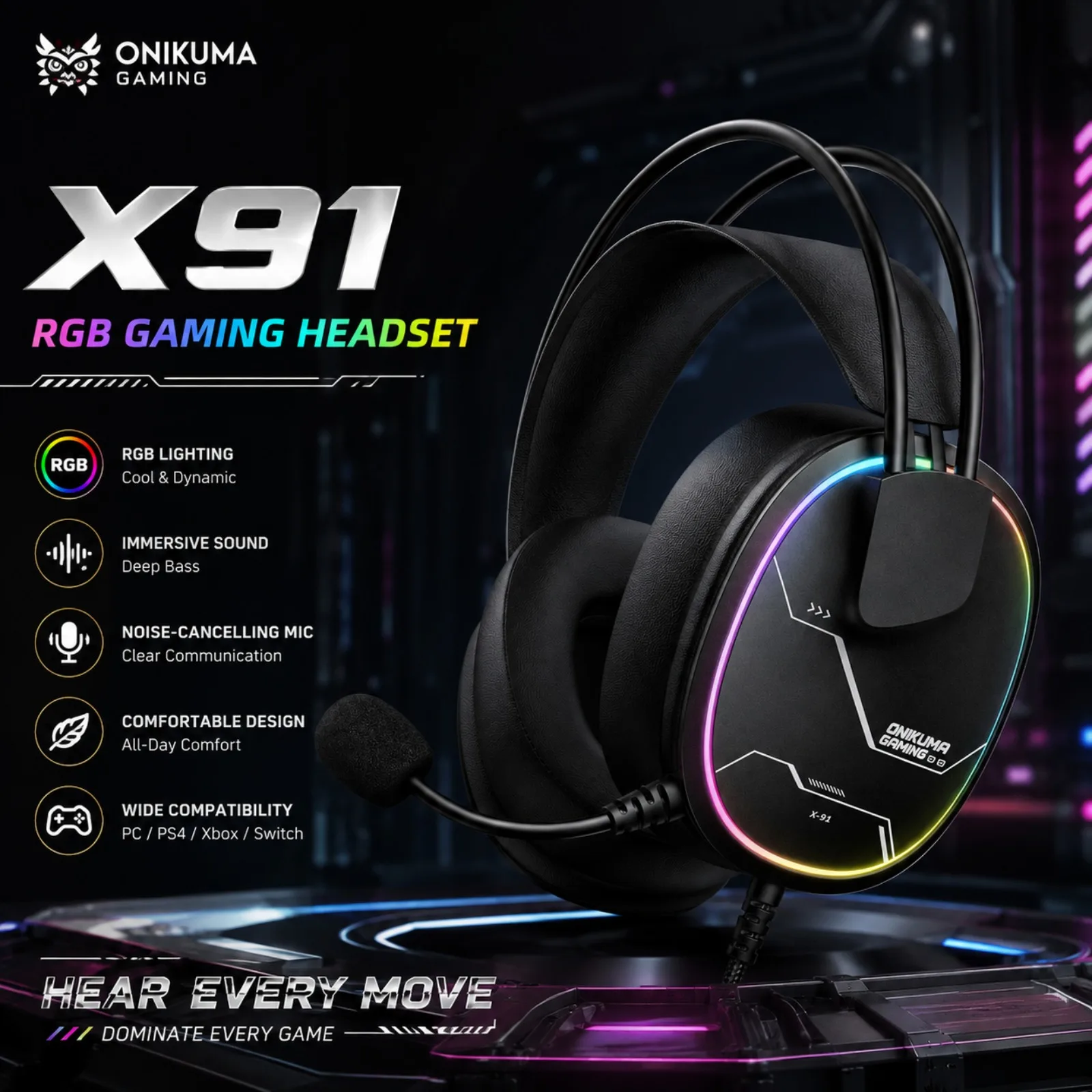 ONIKUMA X91 Wired Gaming Headset RGB 50MM Driver Surround Sound Noise Cancelling Mic Ergonomic Headphones For PC PS4 PS5 Switch