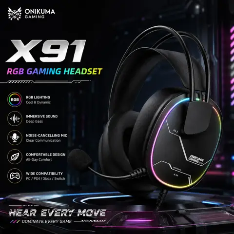 ONIKUMA X91 Wired Gaming Headset RGB 50MM Driver Surround Sound Noise Cancelling Mic Ergonomic Headphones For PC PS4 PS5 Switch