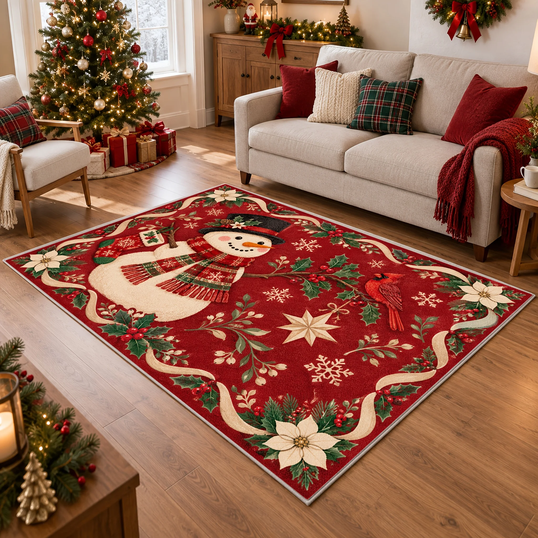 1pc Christmas Snowman Red Cardinal Bird Printed Area Rug, 2D Flat Print, Indoor Floor Mat for Living Room, Xmas Home Decor
