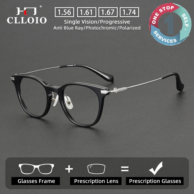 

CLLOIO Retro Pure Titanium Handmade Glasses Men's and Women's Elliptical Reading Glasses Anti Blue Light Progressive Eyeglasses