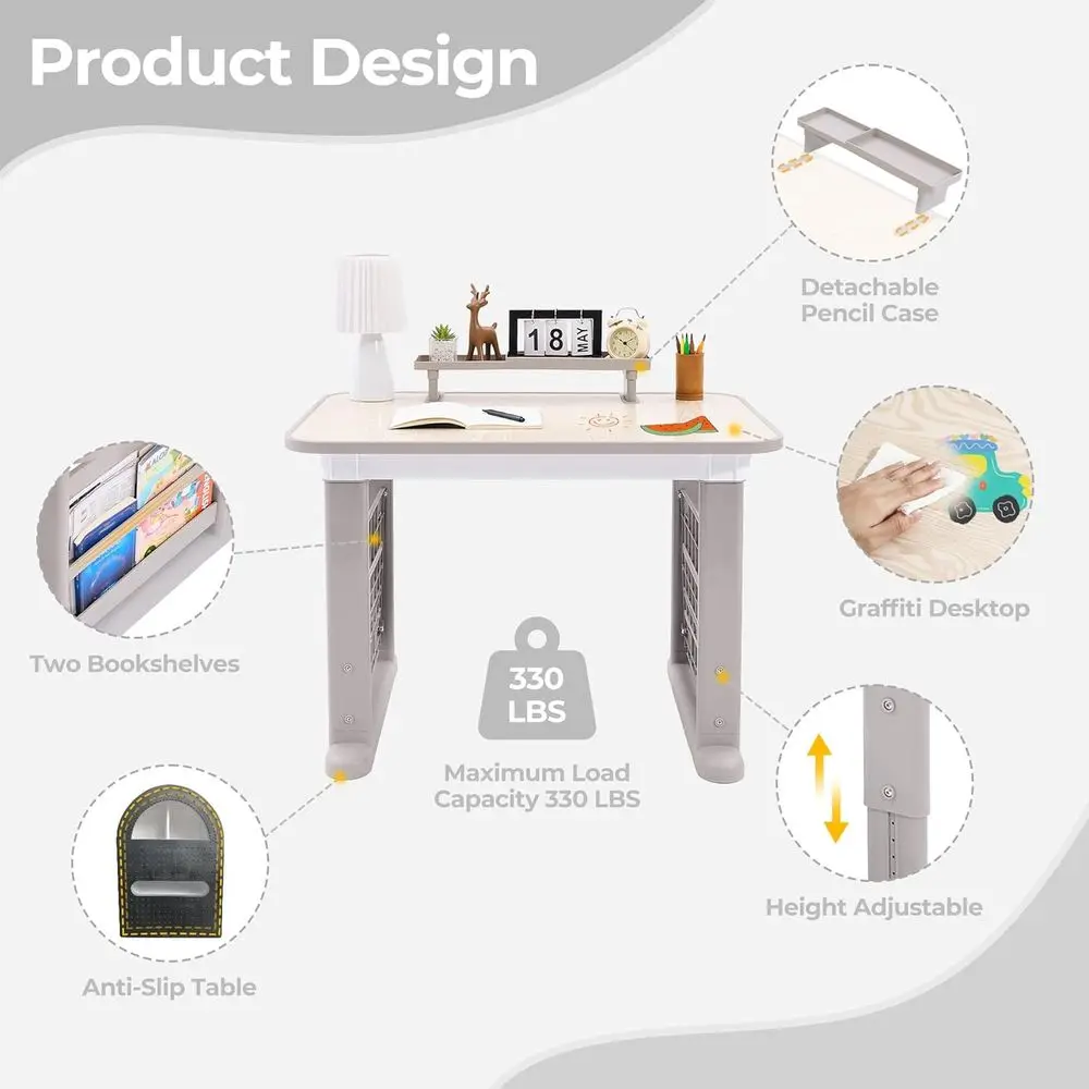 Adjustable Height Kids Study Desk and Chair with Bookshelf, Multi-Function Table Set for Toddlers 3-12 Years, Removable Storage