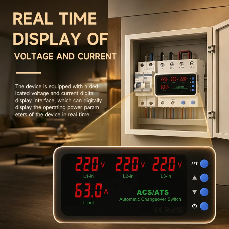 GEYA 100A 3 Phase 3P+N Selector Adjustable Over and Under Voltage Current Protection Auto Priority Switch Din Rail