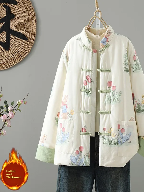 Thiened Floral Cotton Jaet Women's Loose Outerwear Retro Buttoned Autumn Winter New Sle Warm Cotton Coat Long Sve