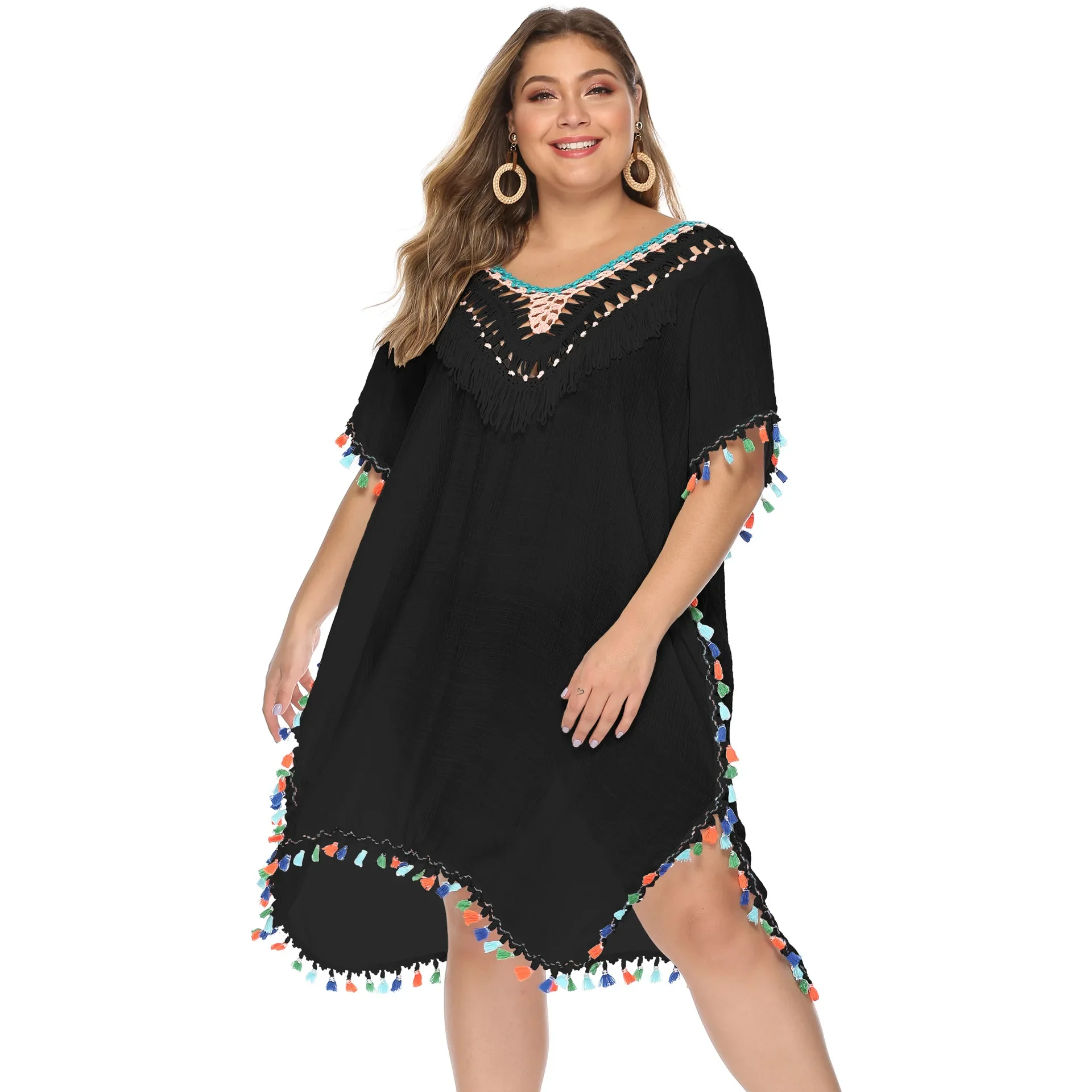 Effen Vrouwen Plus Size Bikini Cove Up Korte Mouw Grote Grote Tuniek Dame Mollige Strandjurk Kwasten Holle Badpak Cover-Ups