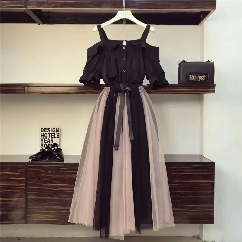 

Ruffled Sleeveless Shirt Blouses Striped Vintage Elastic High Waist Lace Up Women's Skirt Dress Sets Two Piece Set Spring 2024