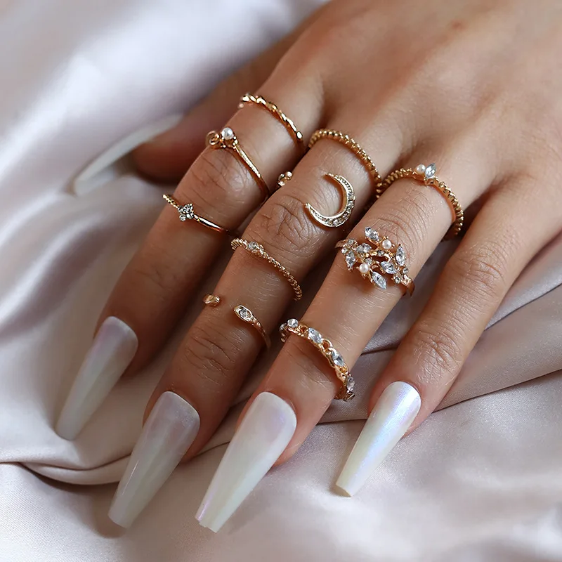 

10Pcs Bohemian Style Coin Leaf Snake Moon Star Party Trend Gift Jewelry Rings Suit For Women Gold-color Chain Ring Set