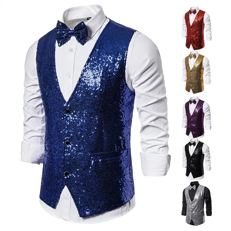 Luxury Vest for Men V-neck Slim sparkling tailcoat Solid Plain Waistcoat Bowtie Set Wedding Party Formal Sleeveless Jacket