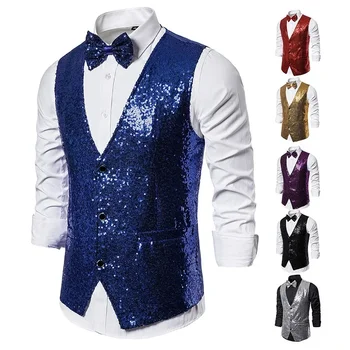 Luxuriöse Weste für Herren, V-Ausschnitt, schmaler, funkelnder Frack, solide, schlichte Weste, Fliege-Set, Hochzeit, Party, formelle ärmellose Jacke