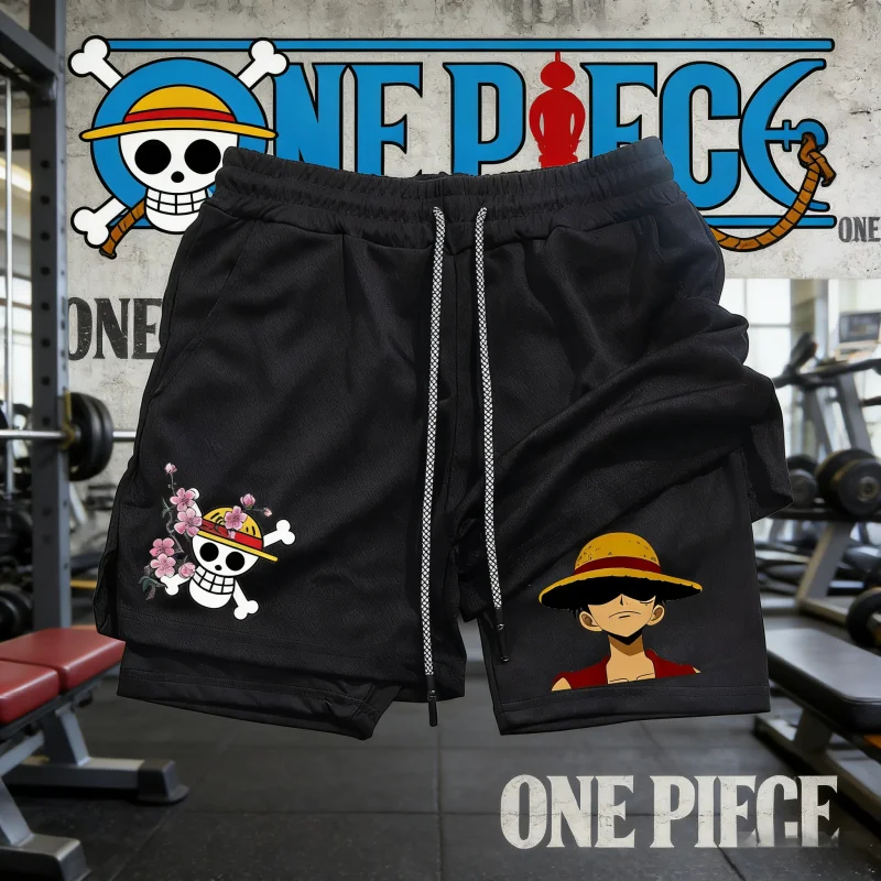 

2026 Summer One Piece Retro Double Layer Sports Shorts Men's Monkey D. Luffy Cherry Blossom Jolly Roger Print Shorts for Adults
