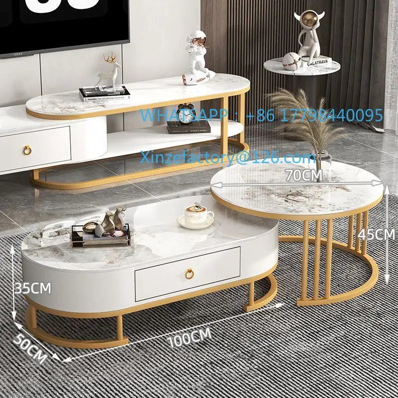 Customizable light luxury coffee table TV cabinet combination bright rock slab small apartment retractable and simple