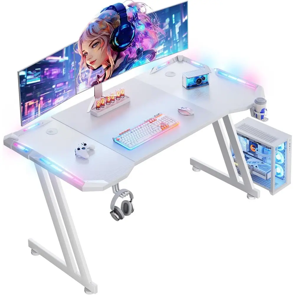 

47 Inch Gaming Desk with LED Lights Carbon ibre Surace Gaming Table Large Computer Desk Ergonomic Home Oice Desks Z Shaped PC Ga