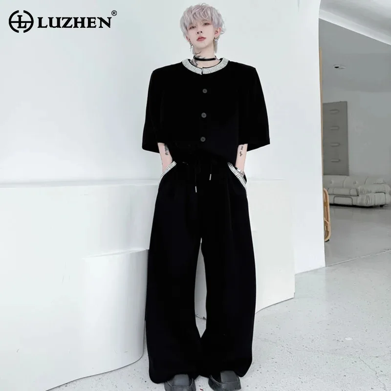 

LUZHEN уличная одежда, комплекты из двух предметов для мужчин, новинка 2025, простые красивые широкие повседневные брюки, модные топы с короткими рукавами и подплечниками JY1755