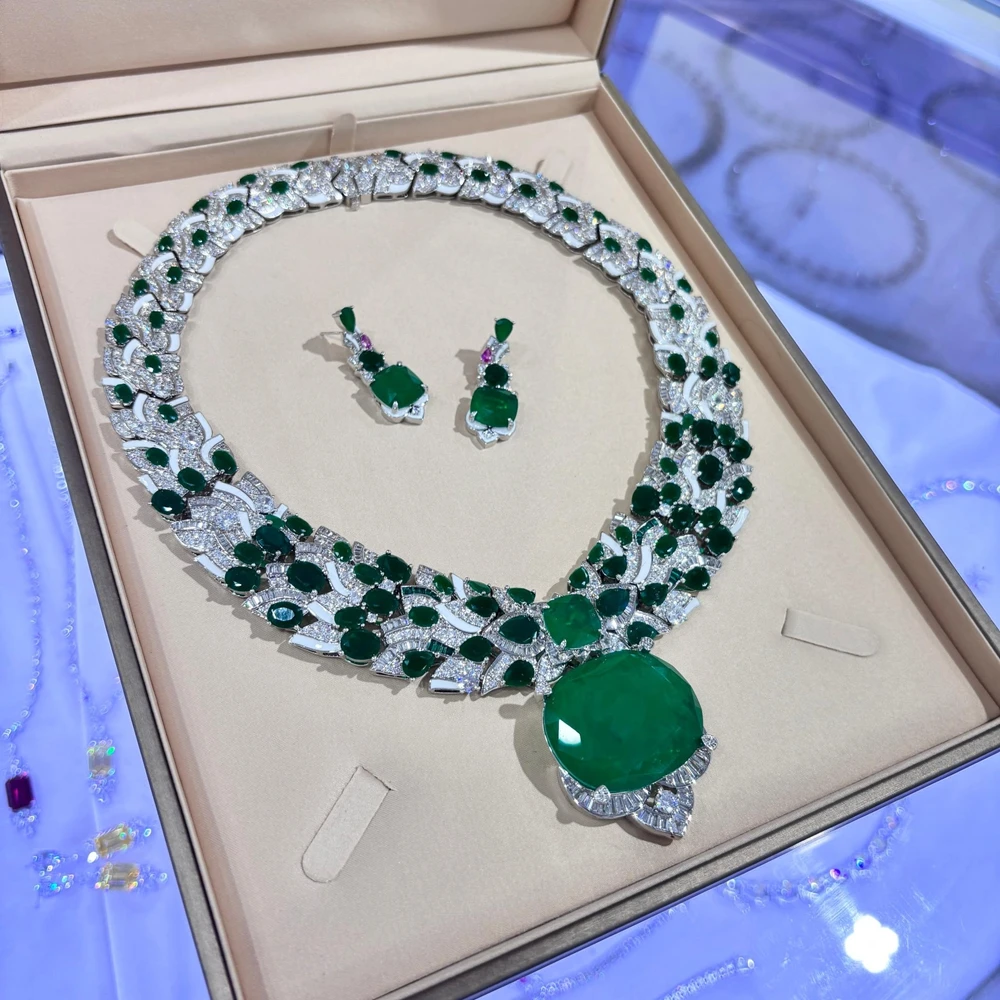 Gorgeous Fashion Style Earrings Necklace Inlay Cubic Zircon Synthetic Ruby Emerald Black White Enamel Party Jewelry Sets