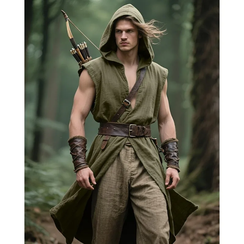 1 pz tunica medievale senza maniche da uomo rinascimentale mantello corto costume cosplay di Halloween abito con cappuccio