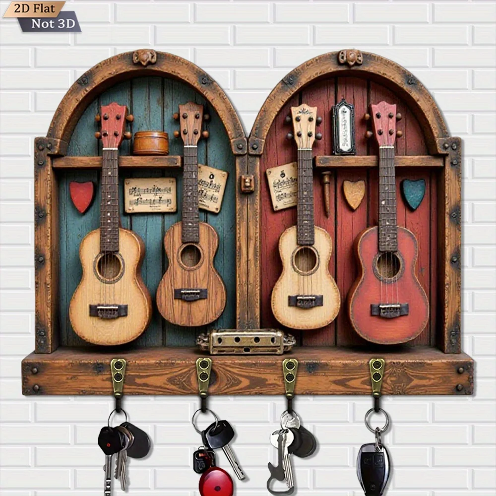 2D Flat, 1pc,  wooden guitar-shaped key hook, wooden multifunctional home key rack, with four metal hooks, wall decor, porch