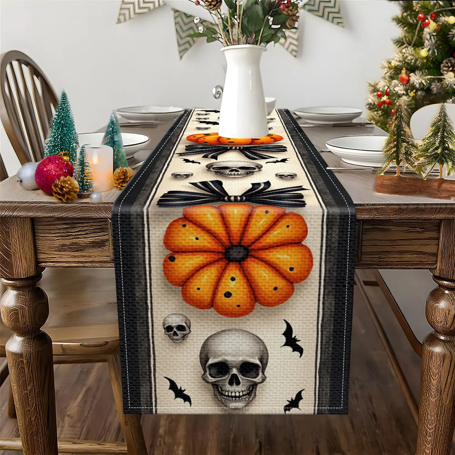 1 Piece of Halloween-Themed Table Runner, Featuring Black and White Bows, Pumpkins, Skulls, Bats, Etc., Suitable for Holiday Parties and Home Decoration Scenes