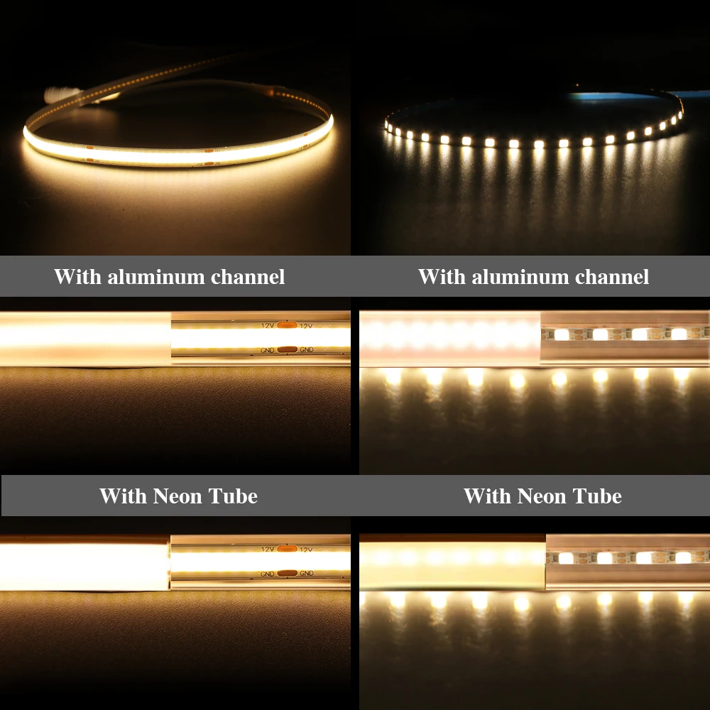 High Density Linear Iluminação LED Strip Light, COB, FOB flexível, Fita LED Light, Natureza Quente, Cool White, RA90, 12V, 24V, 320LEDs por m