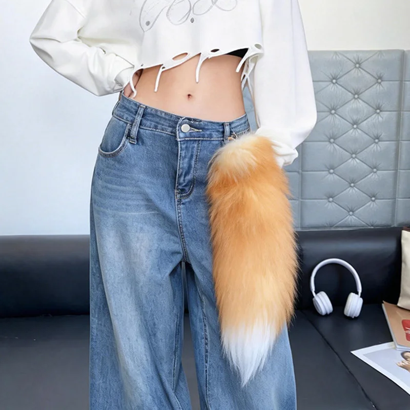 Natural Fox Fur Tail Keychain Fluffy Y2K Wolf Tail Keychains Car Accessories Anime Tail Fur Keychain Bag Charms Jewelry Key Ring