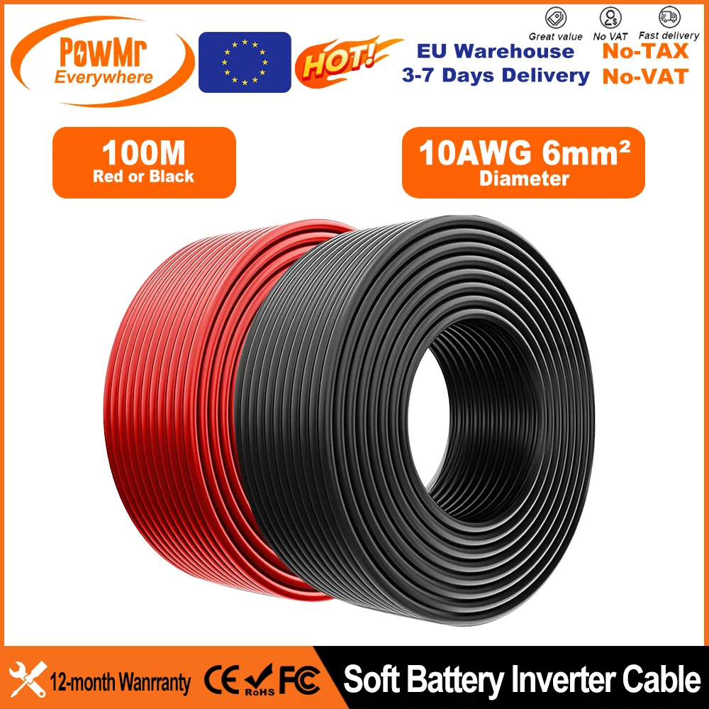PowMr EU 100M 328FT Solar Power Cable 6mm² 10AWG Wire PV Photovoltaic Cable TUV Cable For PV Panels Connection Red Black Jacket