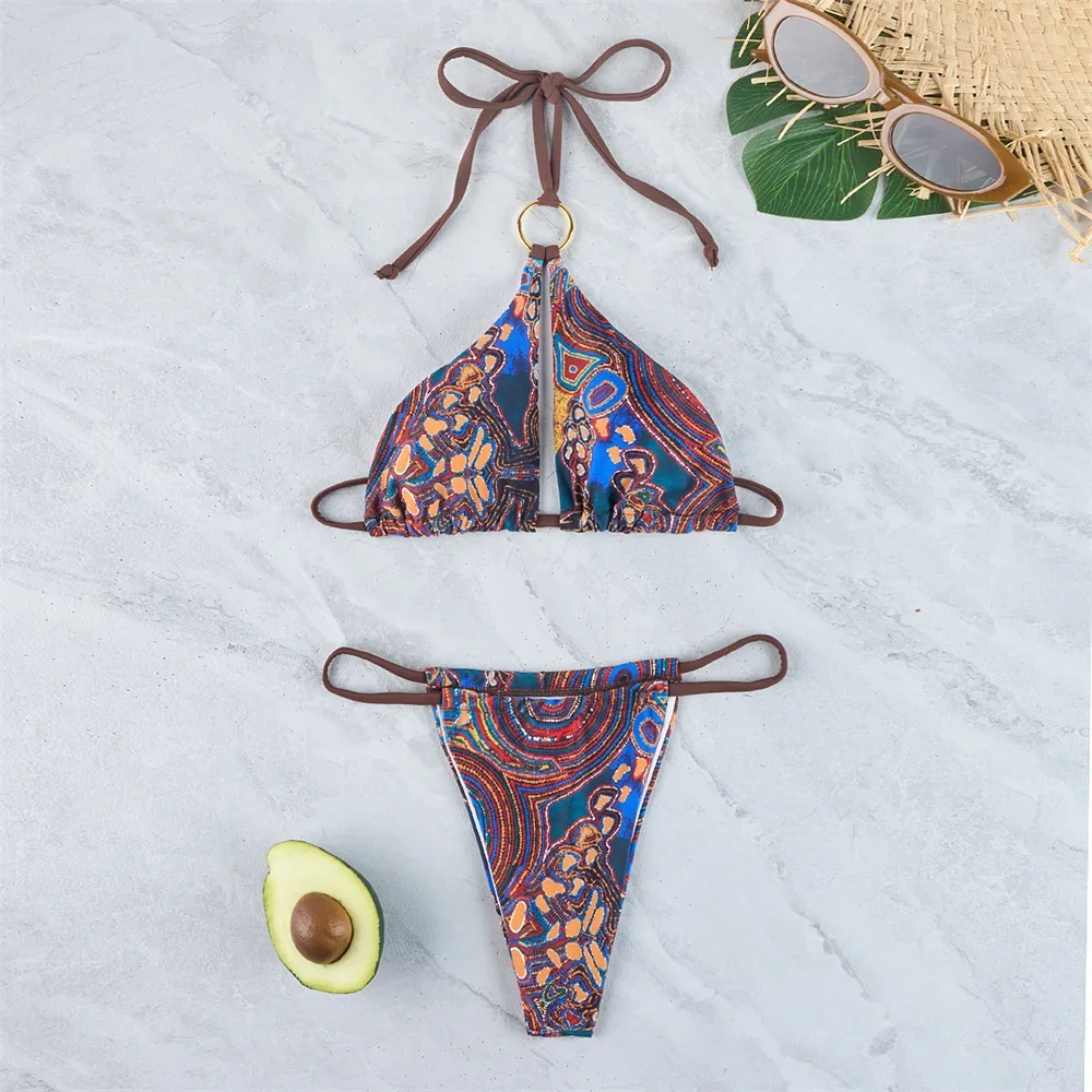 Vintage Print Extreme Micro Bikini Halter String Backless Swimsuit Tanga Swimwear Women Rings Brazil Beach Bath Outfit Sexys Set