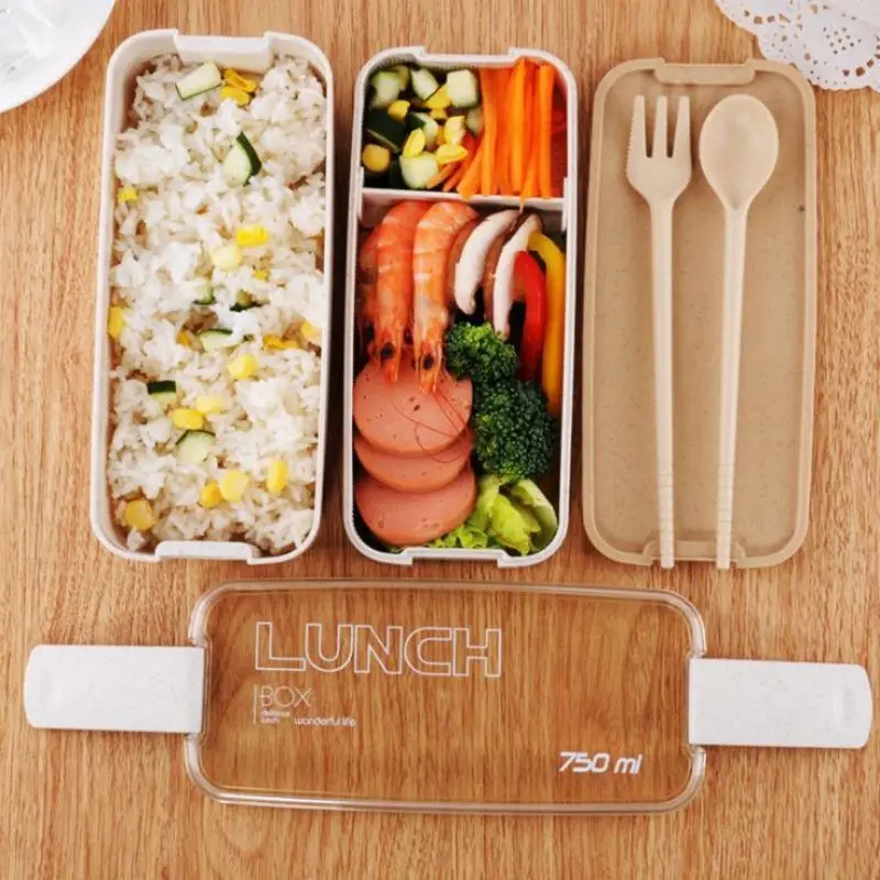 Kitchen 750ml Microwave Lunch Box Wheat Straw Dinnerware Food Storage Container Children Kids School Office Portable Bento Box