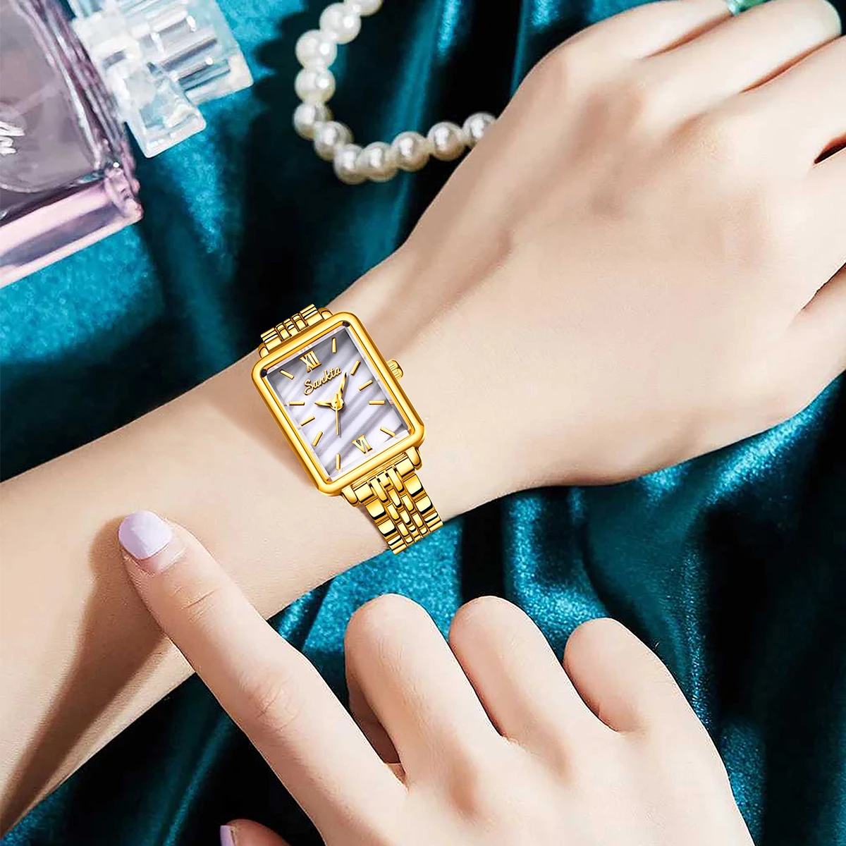 SUNKTA Luxury Ladies Fashion Quartz Watch Simple Scale Square Quality Gold Plated Women Watches Business Stainless Steel Folding