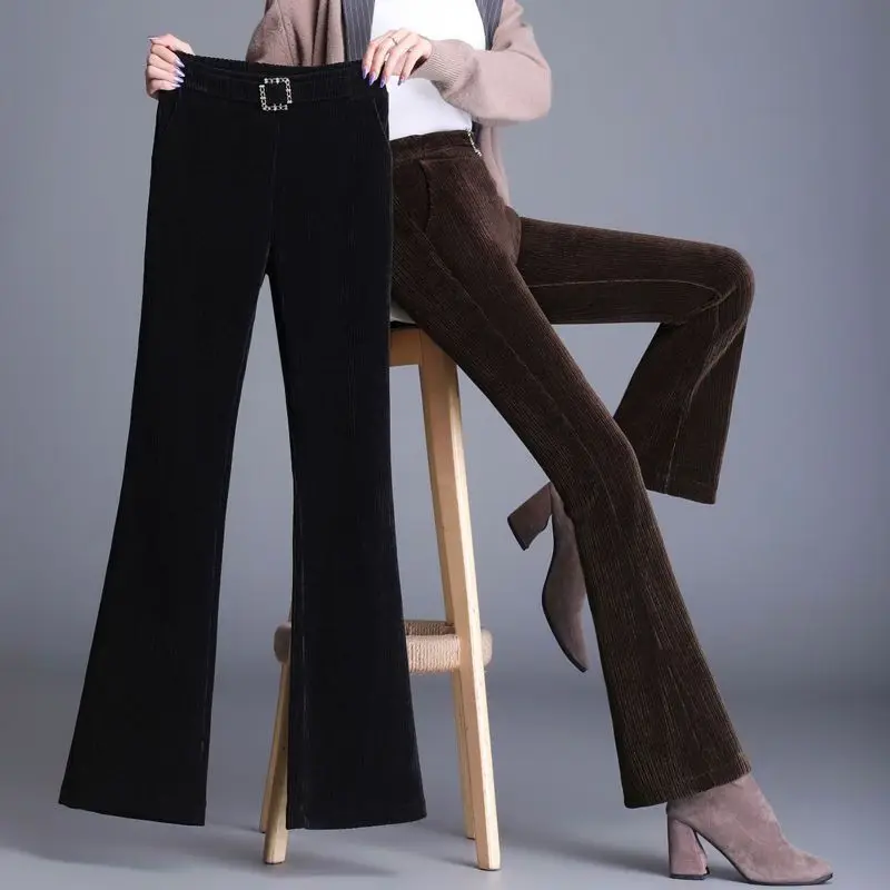 Thickened Chenille Flared Pants Women's Small Size Autumn Winter New High Waist Slimming Long Pants Casual Diamond Embellished