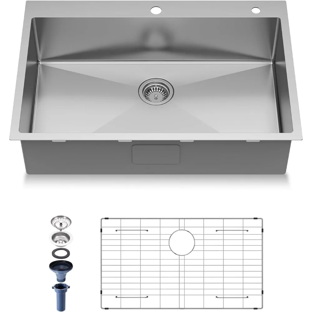 Drop in Kitchen Sink Topmount 16 Gauge S304 Stainless Steel Kitchen Sinks Handmade Modern Single Bowl Deep Sink with Accessories
