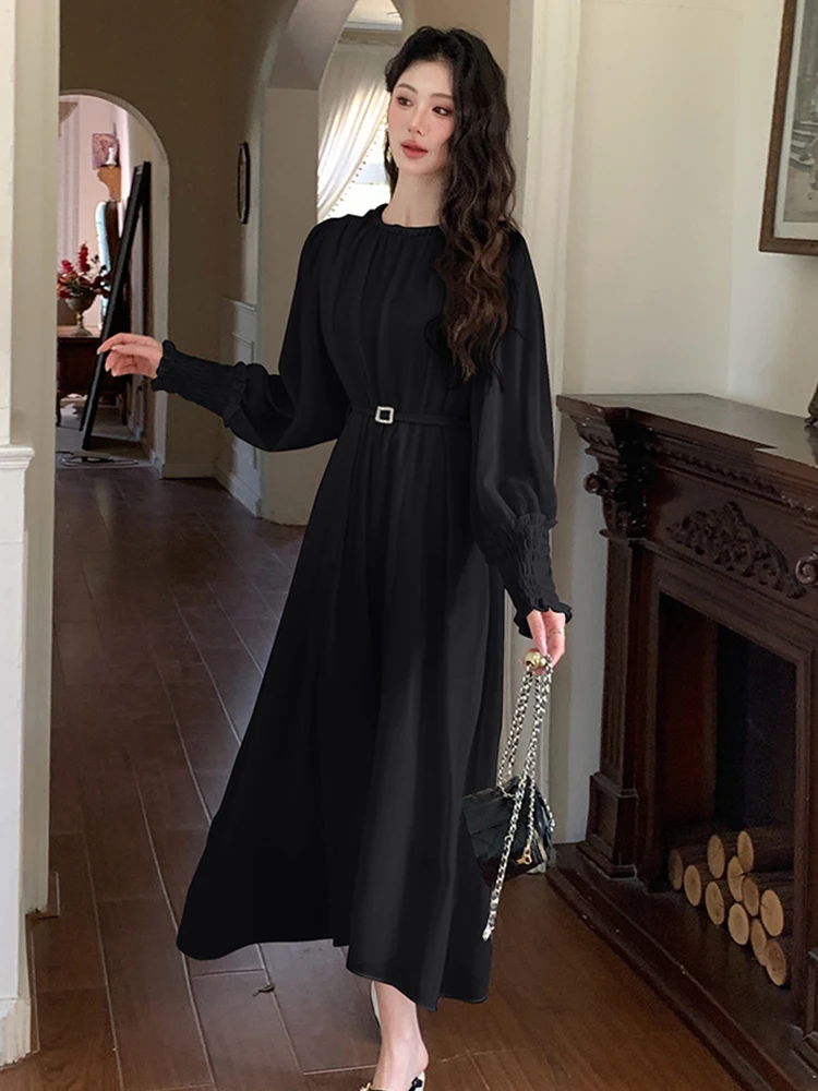 Ropa de mujer de gasa lisa con cuello redondo ajustado vestido largo acampanado elegante señora moda fiesta graduación Vestidos Fiesta bata Casual otoño nuevo