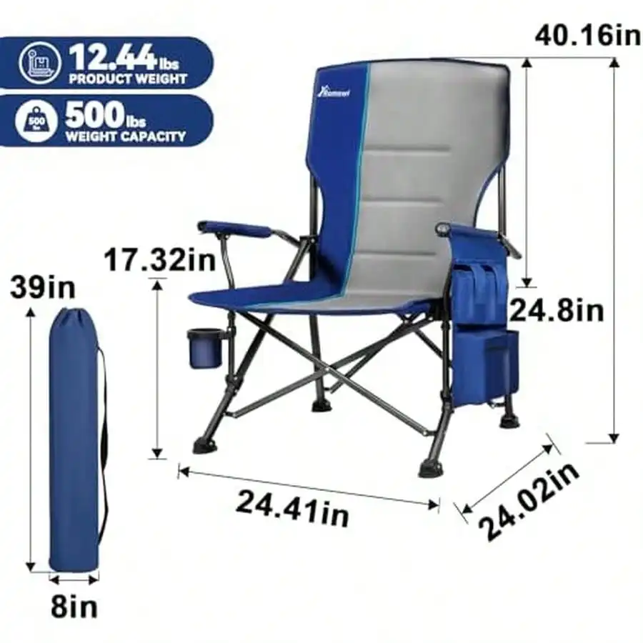 Romswi Oversized Camping Chairs 2 Pack, 500 LBS Heavy Duty Folding Lawn Chairs With Hard Armrests, Wide Seat Outdoor Chairs With Cup Holder & Side Pocket For Camping Beach Sports Backyard