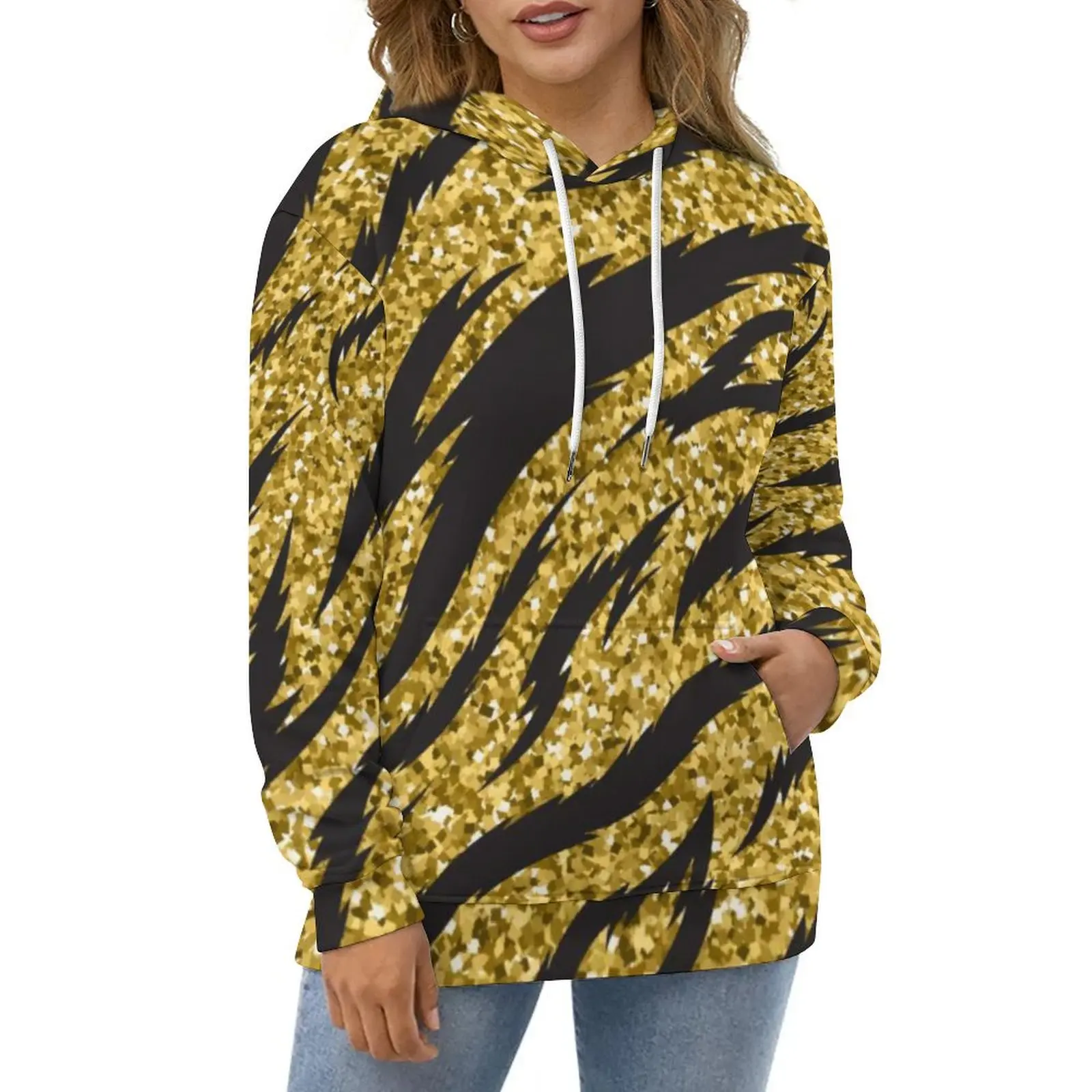 Tiger Skin Pattern Casual Hoodies Golden Stripes Print Y2k Hoodie Female Long Sleeve Hip Hop Printed Loose Oversized Clothes