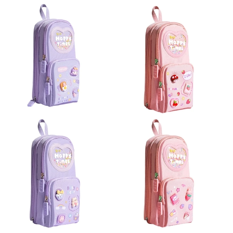 

Cartoon Pencil Pouches Three Layer Zippered Pen Case Standing Pencil Bag for Kid