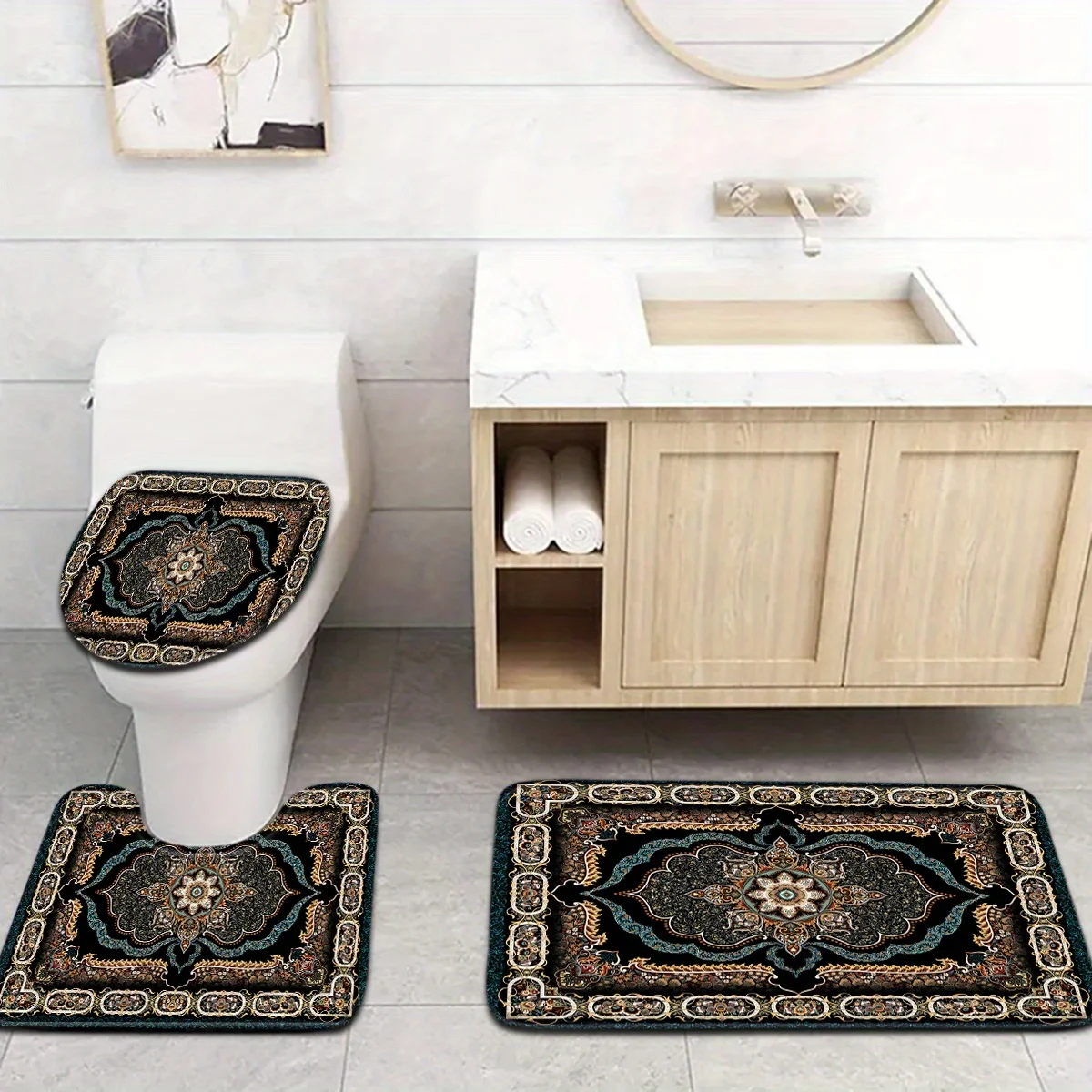 Bohemian Style Dark Brown Arrow Pattern Bathroom Mat Set of 3 - For Toilet Seat and Floor, U-Shaped Footstool, Polyester Backing