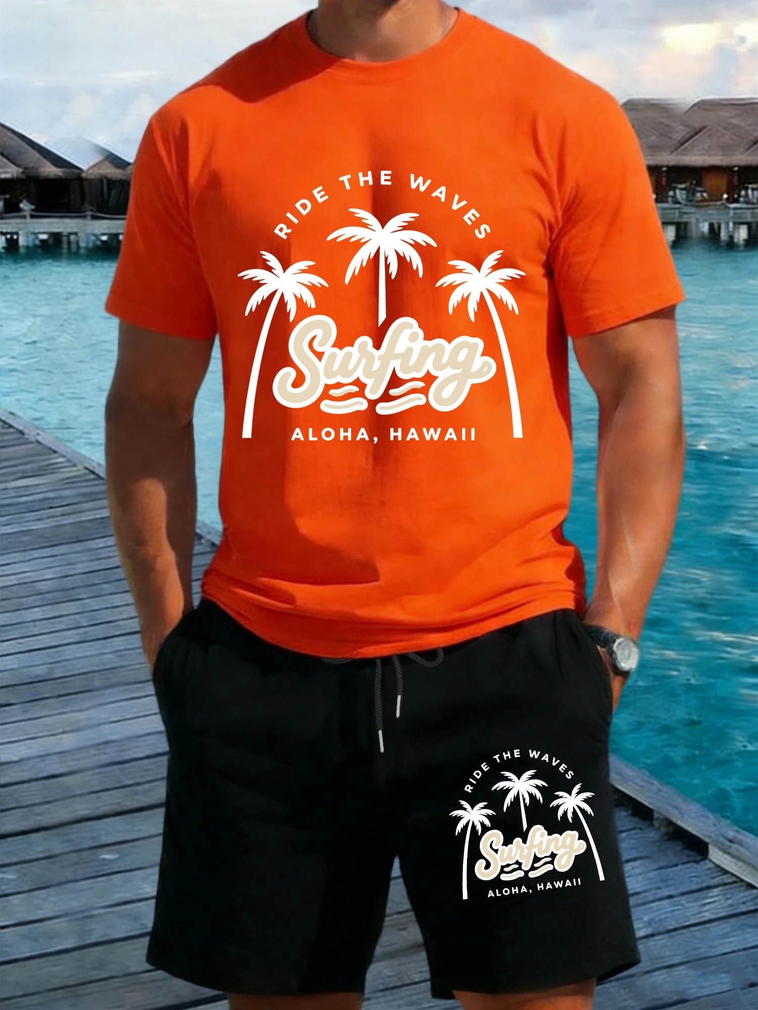 

Ride The Waves Surfing Aloha Hawaii Print Men T-Shirts Suits Cotton Crewneck T-Shirt Casual Shorts Summer Pocket Black Pant