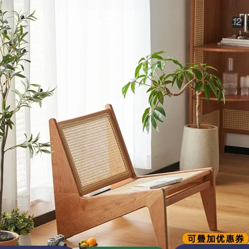 

Solid wood lounge sofa chair Nordic balcony kangaroo backrest chair cherry wood Japanese style chandigarh single rattan chair