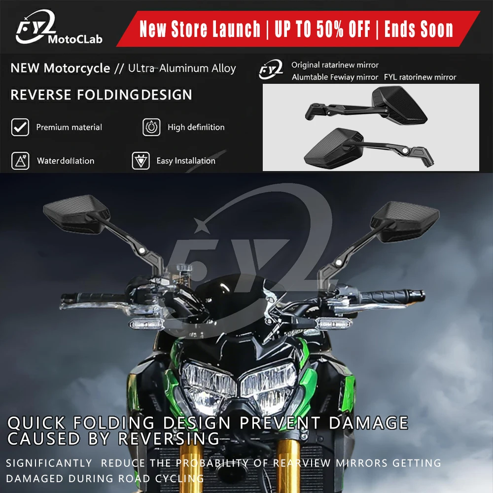 FYL MotoLab™ All Aluminum Motorcycle Mirrors for kawasaki Z900/SE Z800 Z1000, Wide Angle Rearview, Rotatable Foldable Anti-drop
