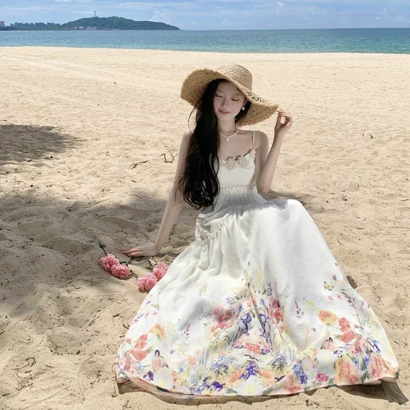 Vintage Boho Fashion Long Dresses For Women Summer Flower Print High Waist Casual Holiday Party Dress Vestidos 2025 New N768