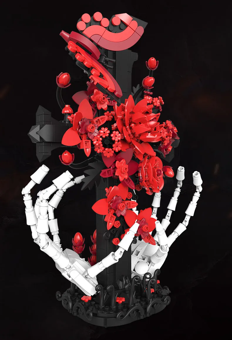 Idea Baustein Rote Rose Bestattungen Lernspielzeug Blumen Skelett Hand Kreuz Konstruktions-Baustein Modell Sammlerstück Schreibtischdekoration – Detail 3