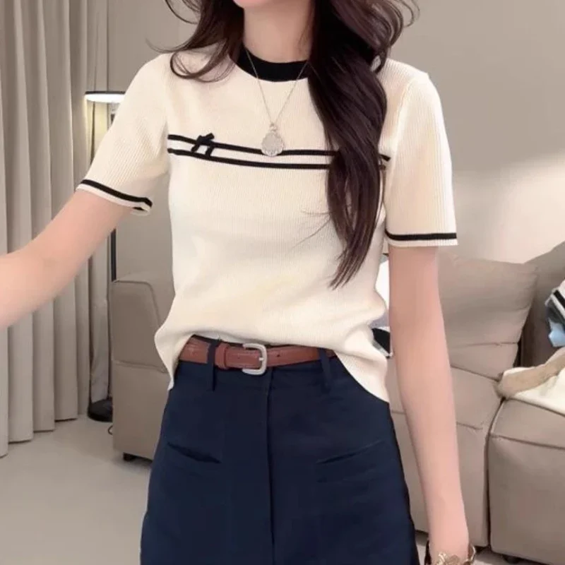 

Women Slim Knit Short Sleeve Tops Summer New Vintage Commute O-neck Pullovers Korean Style Contrast Striped T-shirt